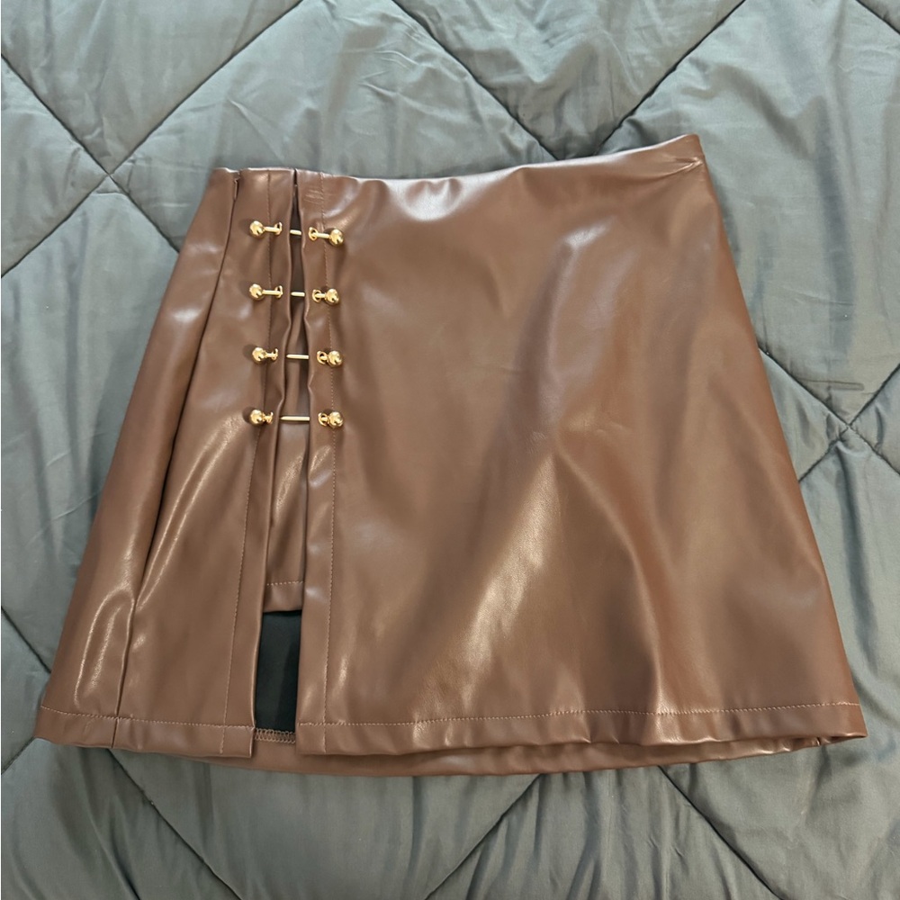 Brown Faux Leather Skirt with Gold Accents